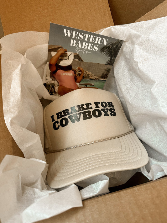 BRAKE FOR COWBOYS TRUCKER HAT